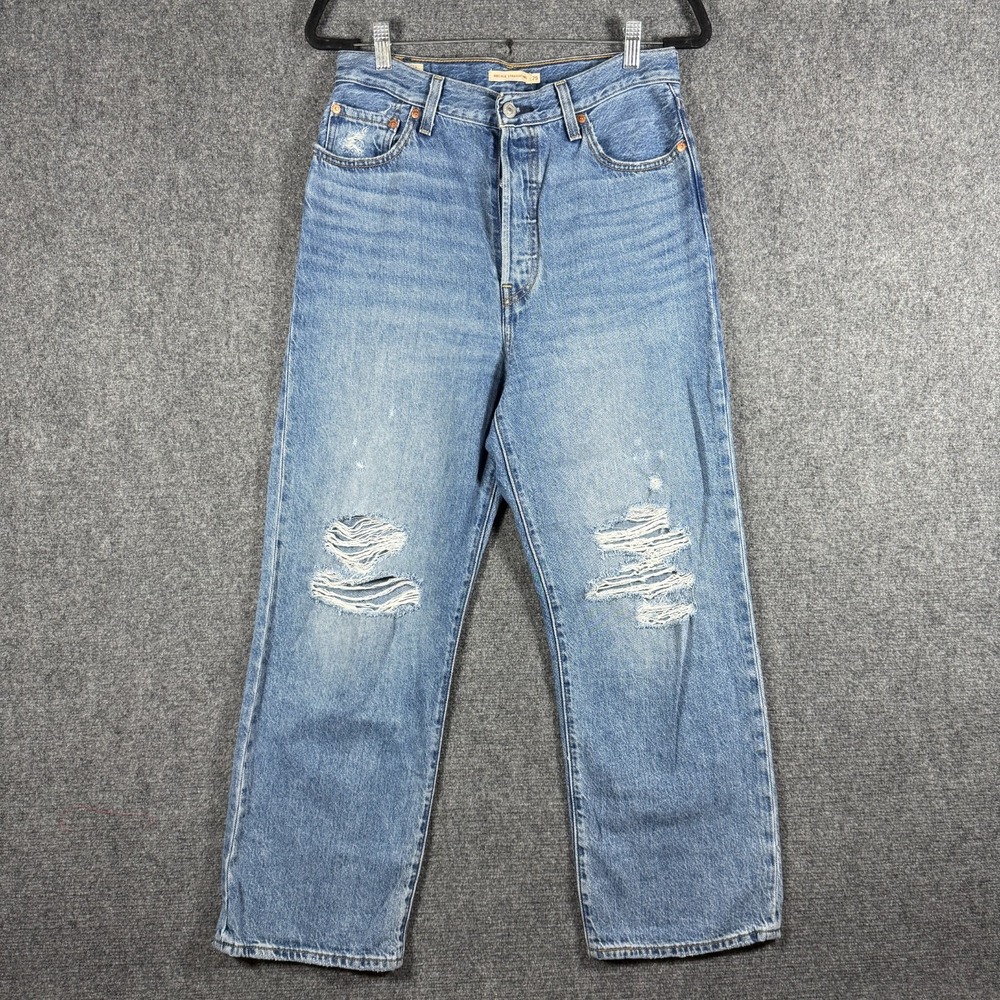 Levis Ribcage Straight Ankle Button Fly Distressed Jeans Denim Mid Wash 29x27
